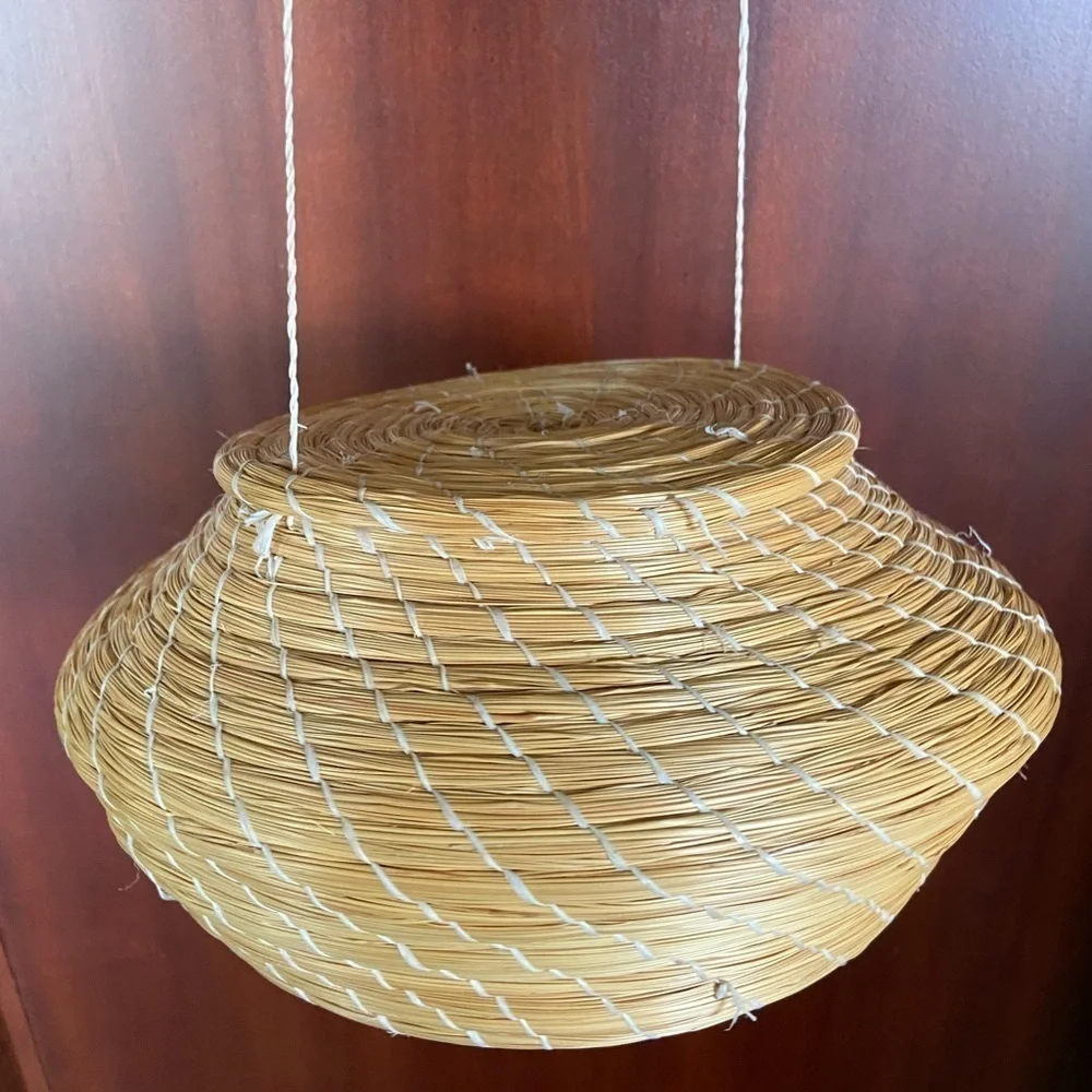 Vintage Coiled Grass Basket with Lid Primitive Rustic Native Tribal Squat Basket